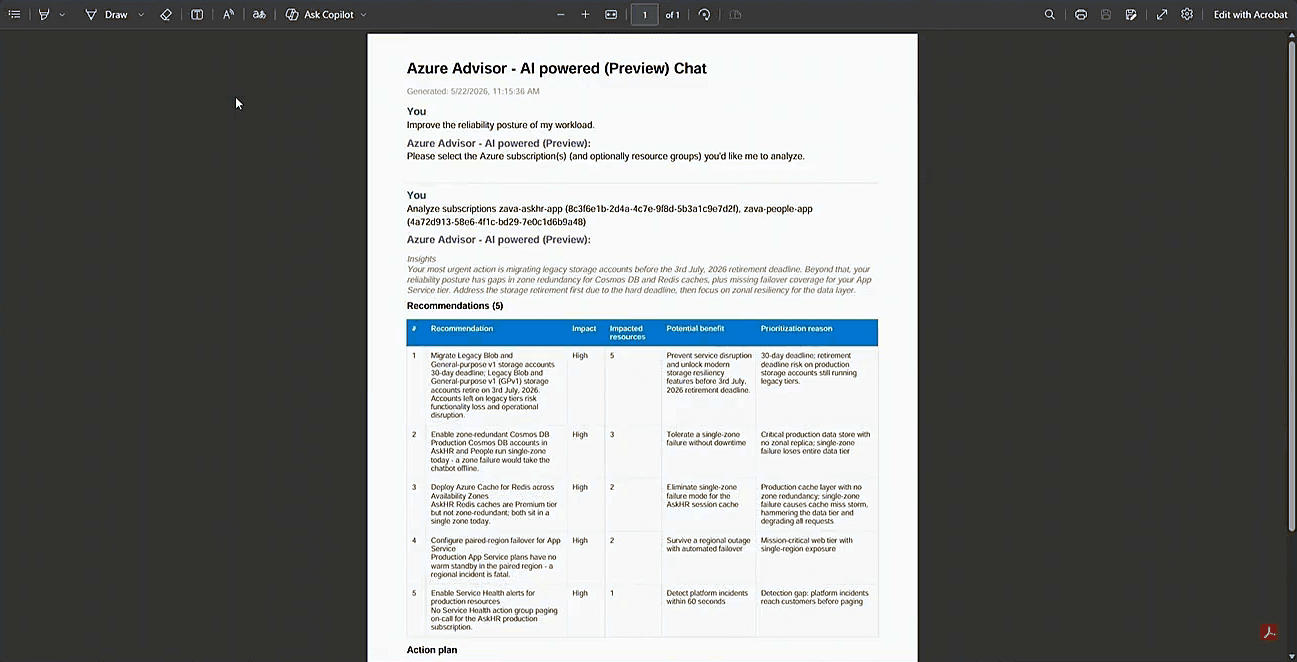 The whole conversation exported to PDF, with the insights and the five recommendations in a table someone can forward.
