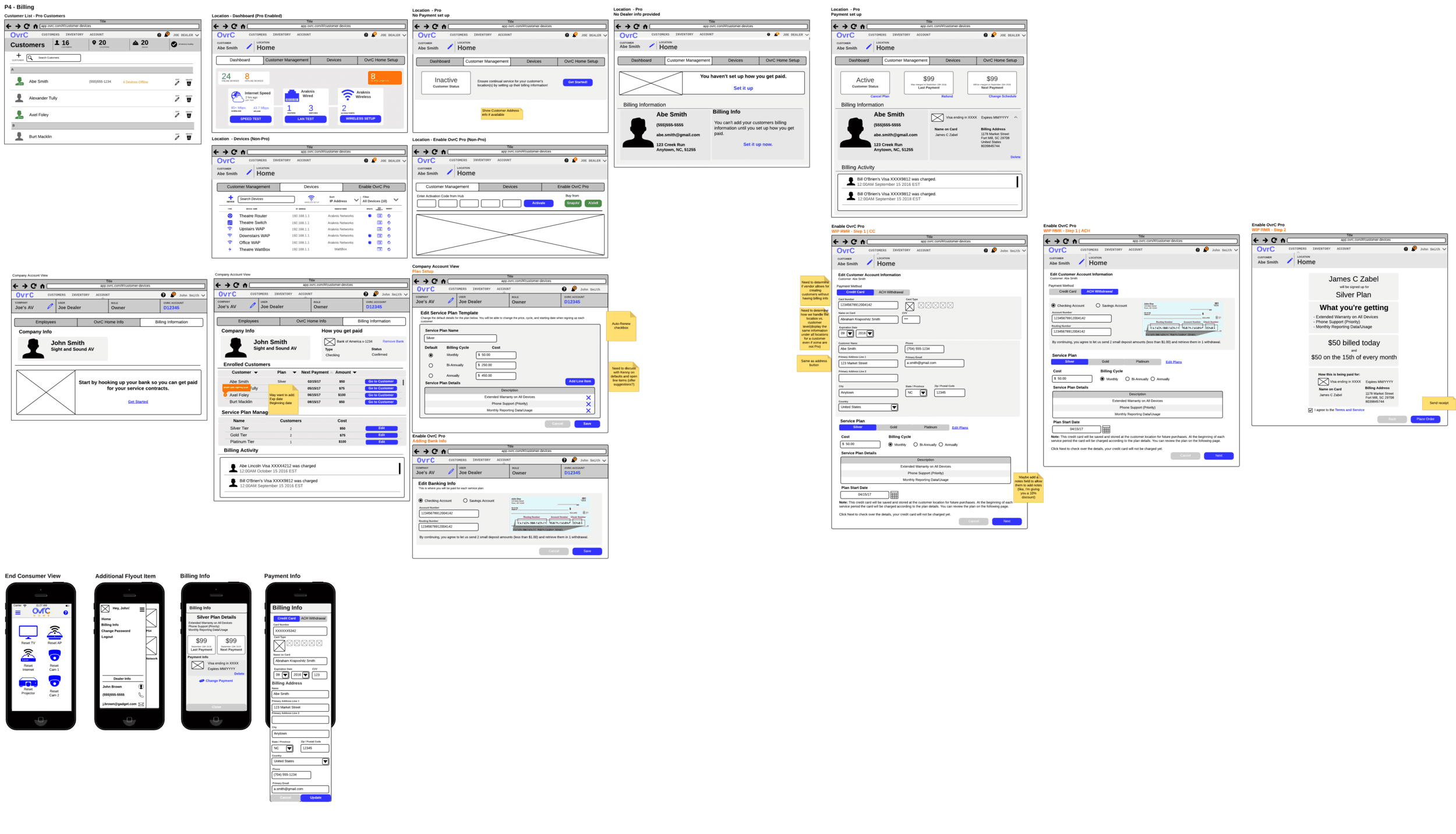 Billing feature wireframes exploring service-tier flows