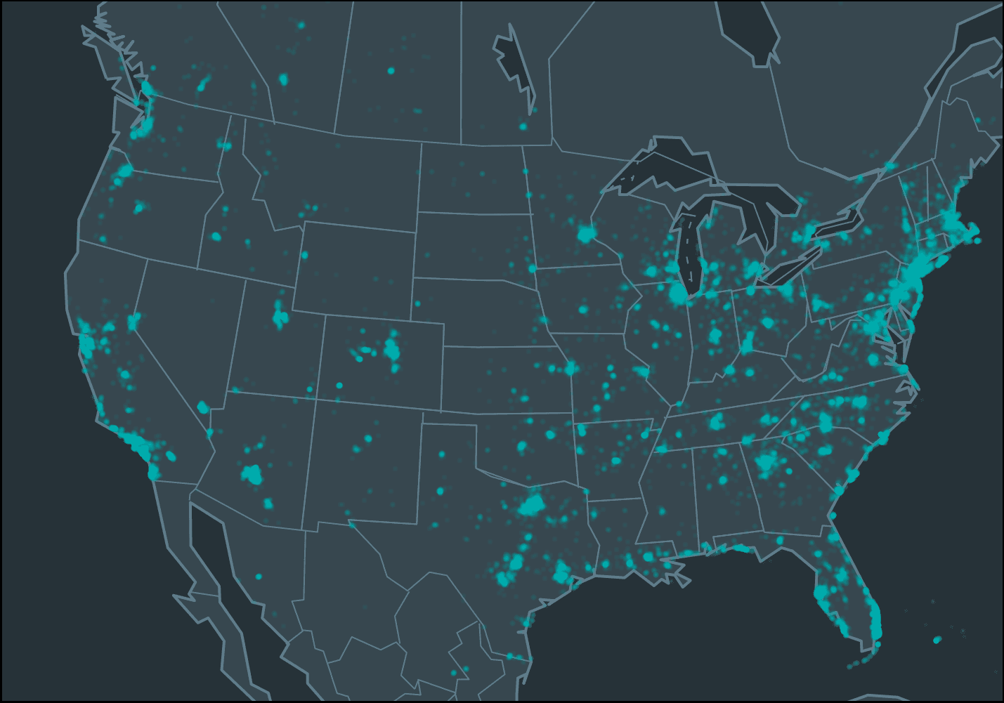 OvrC map view showing customer distribution across the US