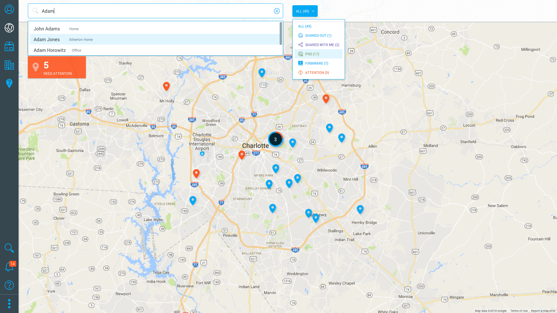 Regional view zoomed to the Charlotte area, color-coded by site status