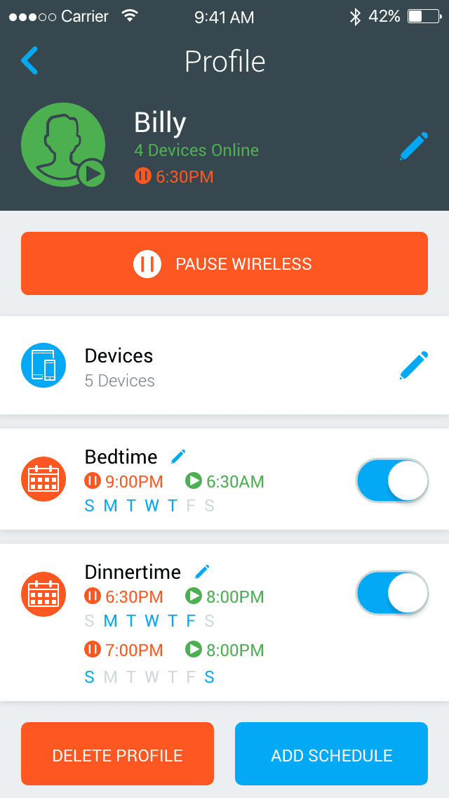 OvrC Home profile detail showing pause wireless and schedule controls