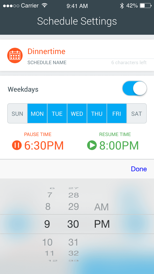 OvrC Home schedule settings for setting daily pause/resume times