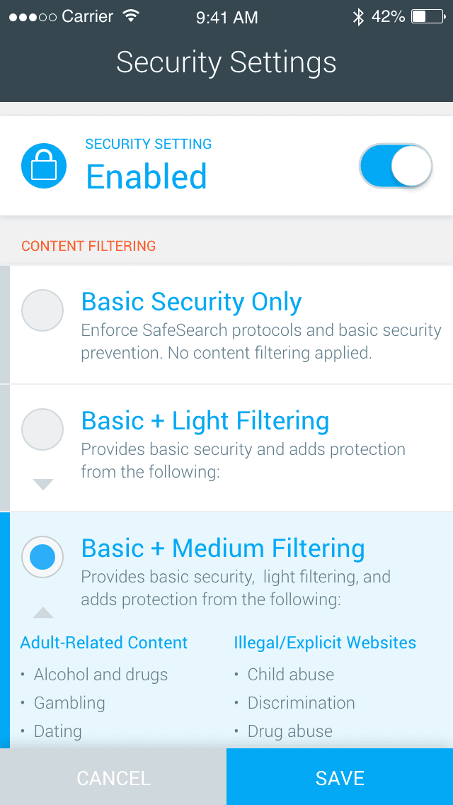 OvrC Home security settings with content filtering tiers